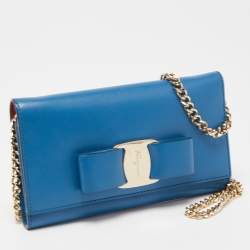 Salvatore Ferragamo Blue Leather Vara Bow Wallet on Chain