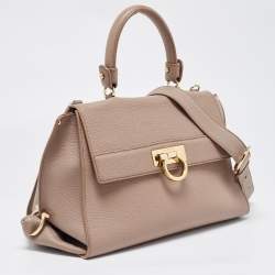 Pre Owned Salvatore Ferragamo Dark Beige Gancini Flap Top Handle Bag