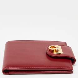 Pre Owned Salvatore Ferragamo Burgundy Leather Gancini Flap Compact Wallet