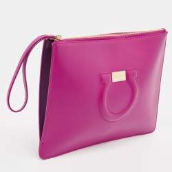 Pre Owned Salvatore Ferragamo Pink Leather Gancini Embossed Wristlet Zip Pouch