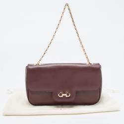 Pre Owned Salvatore Ferragamo Burgundy Leather Gancini Flap Chain Shoulder Bag