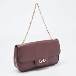 Pre Owned Salvatore Ferragamo Burgundy Leather Gancini Flap Chain Shoulder Bag
