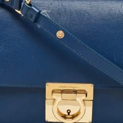 Pre Owned Salvatore Ferragamo Navy Blue Leather Gancio Lock Shoulder Bag