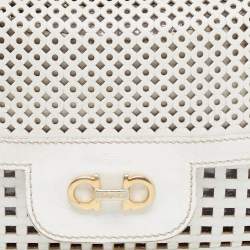 Pre Owned Salvatore Ferragamo Off White Leather Perforated Shoulder bag