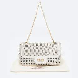 Pre Owned Salvatore Ferragamo Off White Leather Perforated Shoulder bag