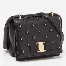 Pre Owned Salvatore Ferragamo Black Leather Vara Bow Embellished Crossbody Bag
