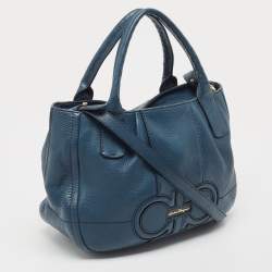 Pre Owned Salvatore Ferragamo Teal Blue Leather Gancini Tote