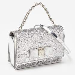 Salvatore Ferragamo Silver Glitter and Laminated Leather Top Handle Bag