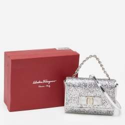 Salvatore Ferragamo Silver Glitter and Laminated Leather Top Handle Bag