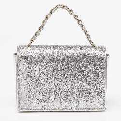 Salvatore Ferragamo Silver Glitter and Laminated Leather Top Handle Bag
