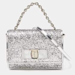 Salvatore Ferragamo Silver Glitter and Laminated Leather Top Handle Bag