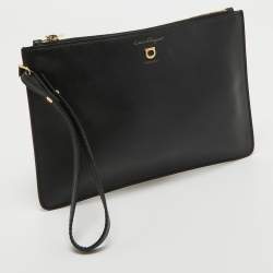 Pre Owned Salvatore Ferragamo Black  Leather Zip Wristlet Pouch