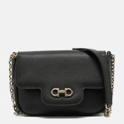 Pre Owned Salvatore Ferragamo Black Leather Gancini Icona Vit Paris Crossbody Bag