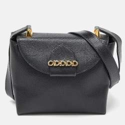 Pre Owned Salvatore Ferragamo Navy Blue Lizard Embossed Leather Gancini Flap Crossbody Bag