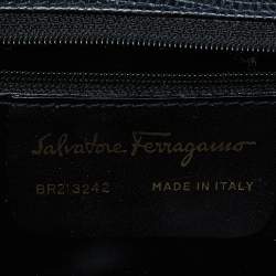 Pre Owned Salvatore Ferragamo Navy Blue Lizard Embossed Leather Gancini Flap Crossbody Bag
