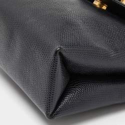 Pre Owned Salvatore Ferragamo Navy Blue Lizard Embossed Leather Gancini Flap Crossbody Bag