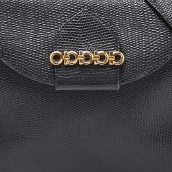 Pre Owned Salvatore Ferragamo Navy Blue Lizard Embossed Leather Gancini Flap Crossbody Bag