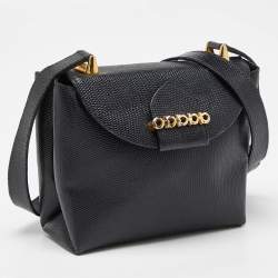 Pre Owned Salvatore Ferragamo Navy Blue Lizard Embossed Leather Gancini Flap Crossbody Bag