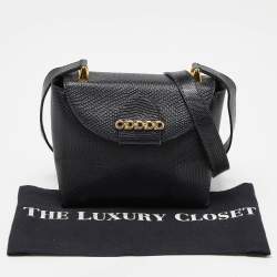 Pre Owned Salvatore Ferragamo Navy Blue Lizard Embossed Leather Gancini Flap Crossbody Bag