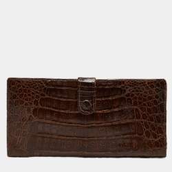 Salvatore Ferragamo Dark Brown Crocodile Envelope Continental Wallet