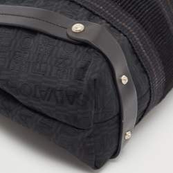 Pre Owned Salvatore Ferragamo Black Fabric and Leather Stripe Tote