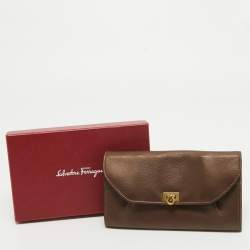 Salvatore Ferragamo Metallic Brown Leather Gancini Clasp Continental Wallet