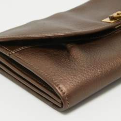 Salvatore Ferragamo Metallic Brown Leather Gancini Clasp Continental Wallet