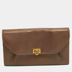 Salvatore Ferragamo Metallic Brown Leather Gancini Clasp Continental Wallet