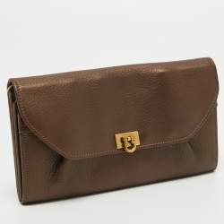Salvatore Ferragamo Metallic Brown Leather Gancini Clasp Continental Wallet