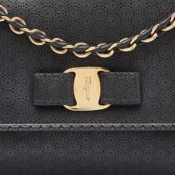 Pre Owned Salvatore Ferragamo Black Leather Vara Bow Chain Shoulder Bag