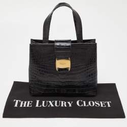 Pre Owned Salvatore Ferragamo Black Croc Embossed Leather Tote