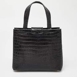 Pre Owned Salvatore Ferragamo Black Croc Embossed Leather Tote