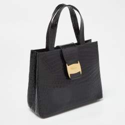 Pre Owned Salvatore Ferragamo Black Croc Embossed Leather Tote