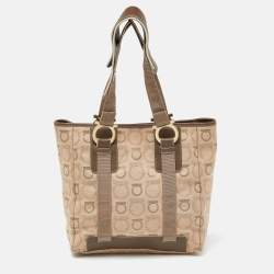 Pre Owned Salvatore Ferragamo Beige Signature Canvas and Leather Tote