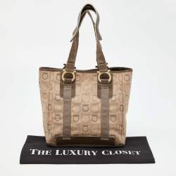 Pre Owned Salvatore Ferragamo Beige Signature Canvas and Leather Tote