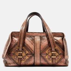 Pre Owned Salvatore Ferragamo Brown/Beige Water Snakeskin Satchel