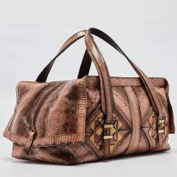 Pre Owned Salvatore Ferragamo Brown/Beige Water Snakeskin Satchel