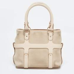 Pre Owned Salvatore Ferragamo Beige Suede and Leather Mini Gancini Tote