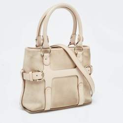 Pre Owned Salvatore Ferragamo Beige Suede and Leather Mini Gancini Tote