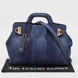 Pre Owned Salvatore Ferragamo Navy Blue Python Gancini Satchel