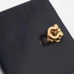 Pre Owned Salvatore Ferragamo Dark Blue Leather Gancini Flap Compact Wallet