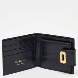 Pre Owned Salvatore Ferragamo Dark Blue Leather Gancini Flap Compact Wallet