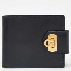 Pre Owned Salvatore Ferragamo Dark Blue Leather Gancini Flap Compact Wallet