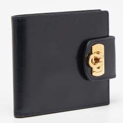 Pre Owned Salvatore Ferragamo Dark Blue Leather Gancini Flap Compact Wallet
