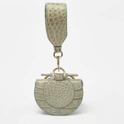 Pre Owned Salvatore Ferragamo Green Croc Embossed Leather Mini Ring Daphne Wristlet Purse