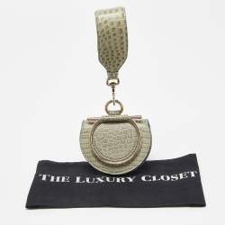 Pre Owned Salvatore Ferragamo Green Croc Embossed Leather Mini Ring Daphne Wristlet Purse