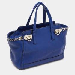 Pre Owned Salvatore Ferragamo Blue Leather Zip Tote 