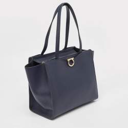 Salvatore Ferragamo Navy Blue Leather Gemini Tote