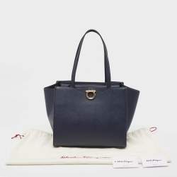 Salvatore Ferragamo Navy Blue Leather Gemini Tote