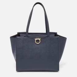 Salvatore Ferragamo Navy Blue Leather Gemini Tote